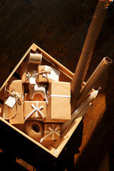 Wrapped and Decorated Christmas Gifts Still Life. Holidays Presents Packaging Design.	