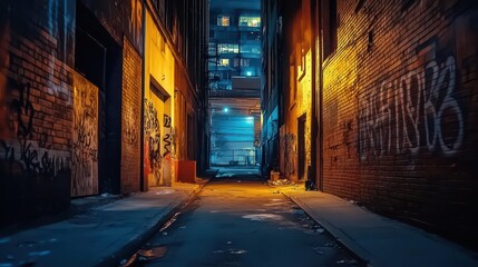 Fototapeta premium Moody urban alleyway at night with graffiti art and dim lighting creating a cinematic atmosphere