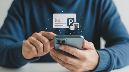 User's hands holding a smartphone with digital payment icons and coins hovering above, illustrating online transactions and financial technology concepts