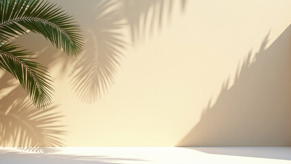 Palm frond shadow stretches across beige wall and white floor.  

