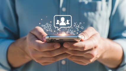 Conceptualization of digital communication, social networking, and user interaction through a smartphone interface, highlighting connectivity and online engagement