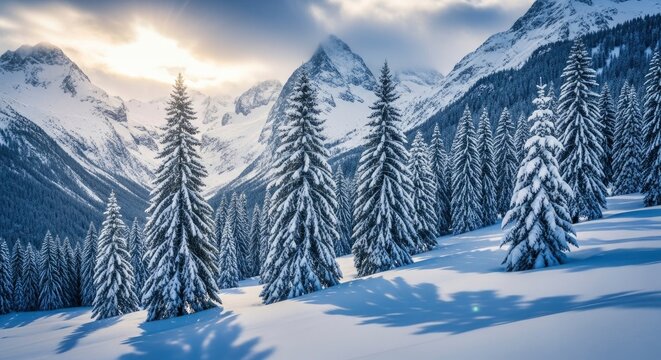 Majestic winter landscape featuring snow-covered pine trees and towering mountains under a dramatic sky with golden sunlight. A serene and breathtaking natural scene. - Powered by Adobe