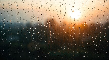Obraz premium A window with raindrops on it and a sun in the background