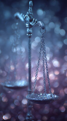 Elegant antique justice scales glittering with magic dust, symbolizing balance, fairness, and legal decisions in a dreamy bokeh background