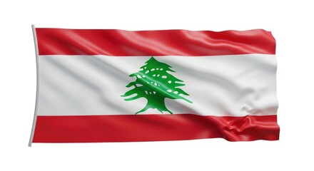 Vibrant Lebanese flag with its iconic green cedar tree, gently waving against a clean white background. A powerful symbol of national pride and identity, representing the country's rich heritage.