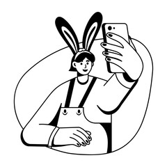 An easter character taking selfie, glyph style illustration 