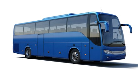 A modern blue coach bus stands isolated on a clean white background, showcasing its sleek design and readiness for passenger transport and travel.
