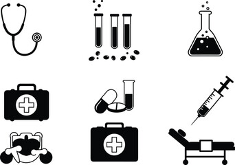 Medical vector icons, healthcare tools, hospital equipment, black and white style, emergency kit, syringe, stethoscope, dental care, pharmaceutical items, patient bed