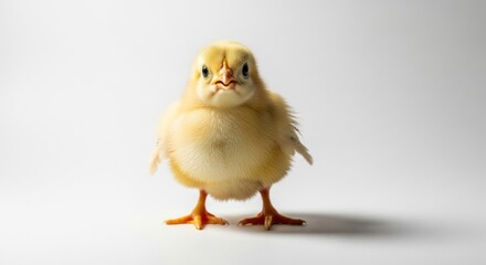 Obraz premium A cute, fluffy yellow chick stands front-facing on a clean white background, embodying innocence and new life. Perfect for themes of spring, Easter, and farm animals.
