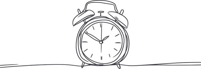 A minimalist illustration of a modern alarm clock is depicted in a simple line drawing isolated on a white background
