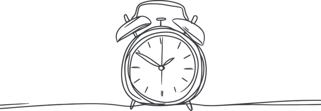 A minimalist illustration of a modern alarm clock is depicted in a simple line drawing isolated on a white background
