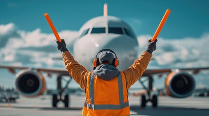 A ground crew member directs an aircraft on the runway, wearing safety gear and using orange wands, set against a vibrant sky.