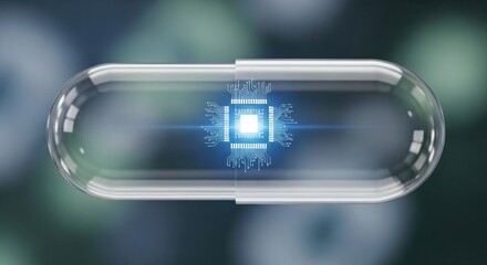 Futuristic medical concept with glowing circuit board inside capsule design