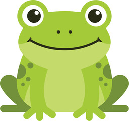 A cartoon-style illustration of a happy green frog with big eyes, a wide smile, and light green spots.