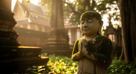 Serene moss-covered Buddha statue in a tranquil temple garden, bathed in golden sunlight with mystical bokeh, evoking peace and spiritual contemplation.