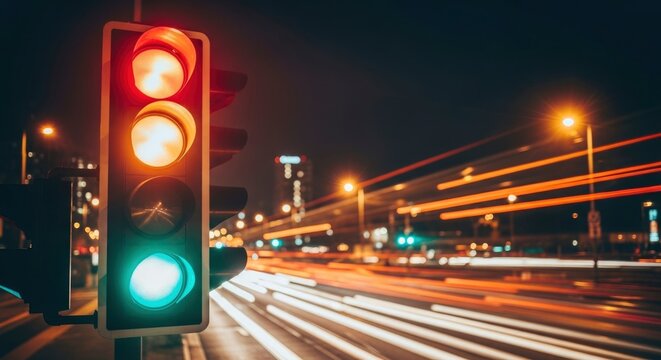 Dynamic urban night scene with a green traffic light and mesmerizing light trails from moving vehicles, capturing the energy and motion of city life with a long exposure.