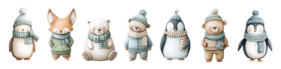 Cute winter animals in watercolor style — fox, bear, polar bear and penguin wearing cozy clothes and scarves. Collection of vector illustrations. Perfect for invitation, card, poster, banner, decor