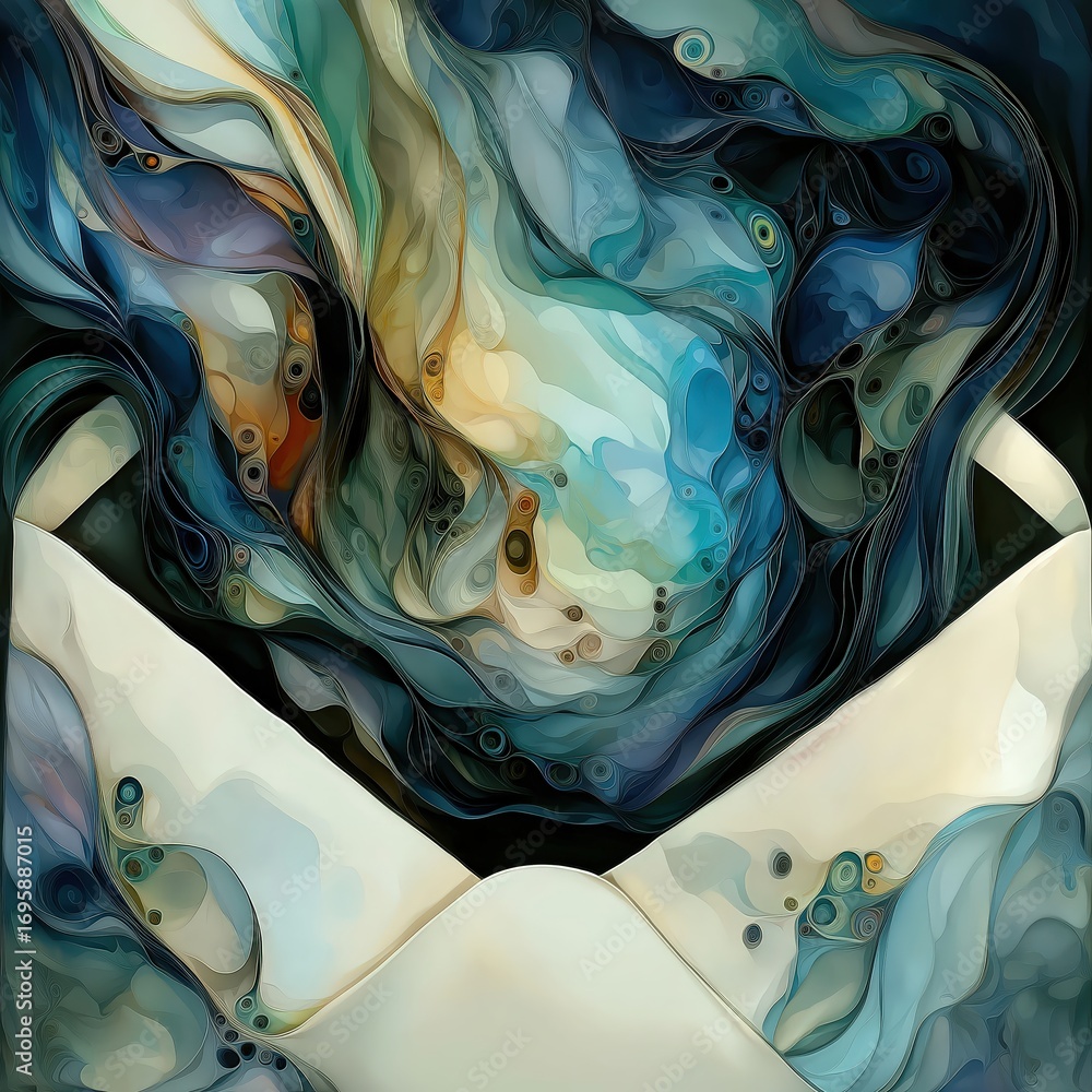 Poster an abstract image featuring swirling blue and gold patterns emerging from an envelope, creating a se