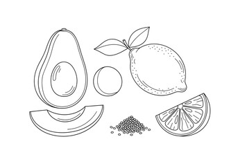 Fresh avocado and lemon slices with seeds, perfect for healthy recipes and vibrant food designs