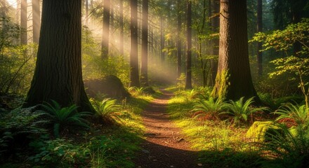 Obraz premium Golden sun rays pierce through a dense, ancient forest, illuminating a winding dirt path surrounded by lush green ferns and moss, creating a magical and serene natural landscape.