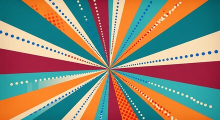 Retro design with converging orange, teal, and maroon segments dotted with blue, red, and white