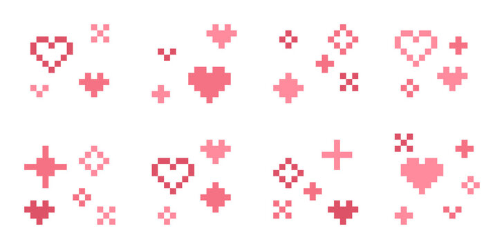 8-bit pixel art pink heart with sparkling effect for retro cute game design, decoration, and romantic love assets