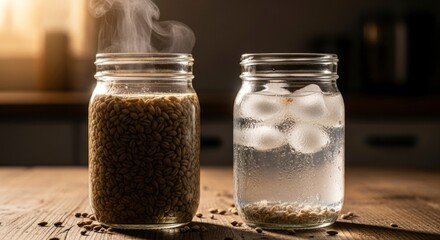 A striking contrast of hot and cold, featuring one glass jar with steaming grains and another with icy water and grains, set on a rustic wooden table.