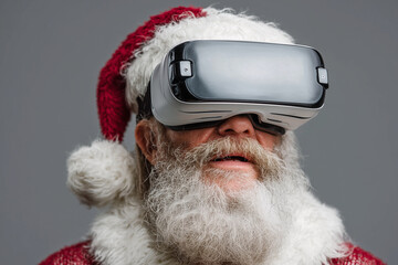 A man wearing a Santa hat and beard is wearing a virtual reality headset