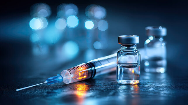 Essential medical tools: syringe and vaccine vial with glowing elements.