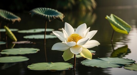 A serene white lotus flower with a vibrant yellow center blooms gracefully in a dark pond, surrounded by green lily pads, bathed in soft, natural light.