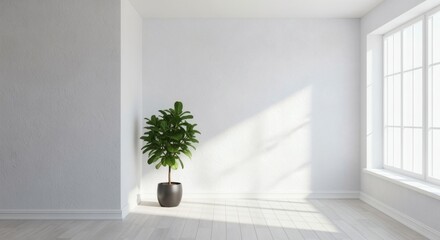 A modern minimalist room has white walls and a single potted plant by a window with soft natural daylight entering.