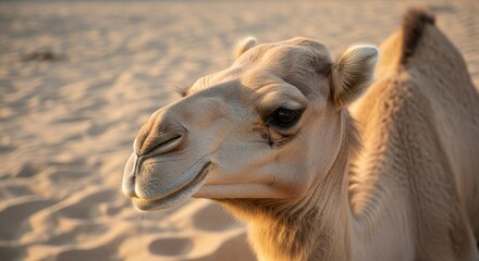 Close-up portrait of a dromedary camel in the golden desert light, showcasing its serene expression and textured fur against a soft, sandy background.