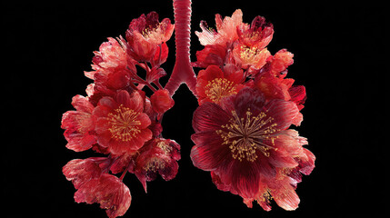 Conceptual image depicting blooming red flowers forming human lungs against a black background.