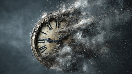 Old clock dissolving into dust particles, symbolizing the fleeting nature of time.