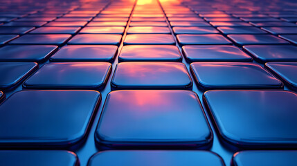 Obraz premium Harnessing sun energy, this showcases grid of solar panels arranged in geometric pattern, reflecting light beautifully. blue tones evoke sense of innovation and sustainability