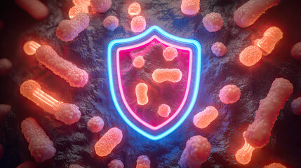 Conceptual representation of antibiotic resistant bacteria within a shield.