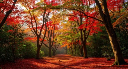 Vibrant autumn forest with a path blanketed in red leaves, framed by trees displaying a beautiful spectrum of fall colors, bathed in golden sunlight.