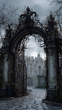 Mysterious ornate gate opens to grand abandoned mansion on a dark, cloudy day, evoking gothic horror and intrigue.