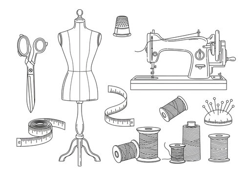 Naklejki Professional sewing tools kit with mannequin, scissors, threads, and sewing machine for design projects