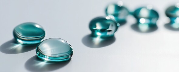 Shiny turquoise capsules creating a diagonal line on a white background with light reflections and shadows