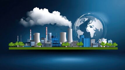 Industrial skyline with pollution and a globe illustration.