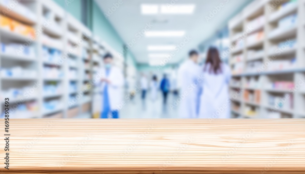 Poster wooden table set against a blurred pharmacy background, creating an ideal space for product placemen