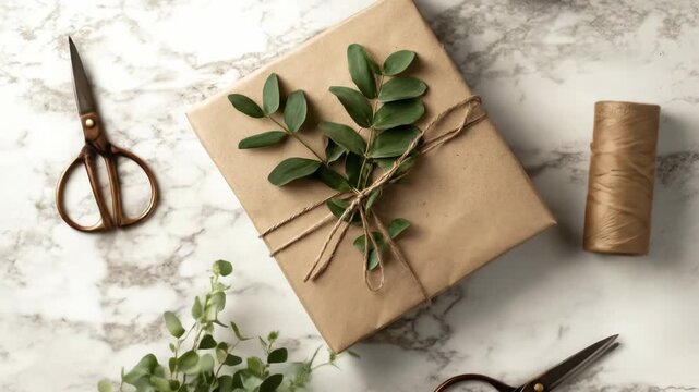 Gifts wrapped in brown paper, twine, & greenery on marble, flat lay