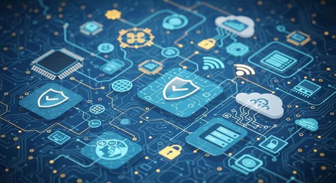 Cybersecurity concept with digital shield protecting network data and cloud.