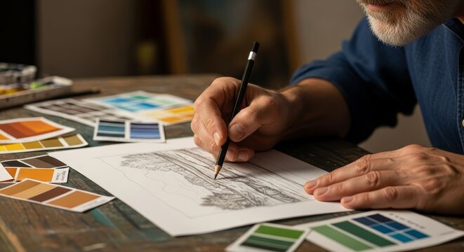 Artist Drawing Landscape with Pencil and Color Swatches