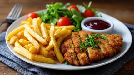 Delicious fried chicken with fries and salad on a plate.