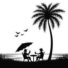 Couple with drinks on beach under palm tree silhouette