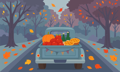 Vector illustration of a vintage pickup truck loaded with pumpkin, apples, pies and drinks driving through autumn forest. Perfect for fall, harvest, and seasonal design projects. © Evgeniia Blagikh