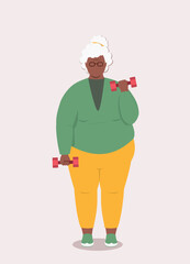 One Overweight Black Elderly Woman Standing And Lifting Dumbbells With Both Arms.