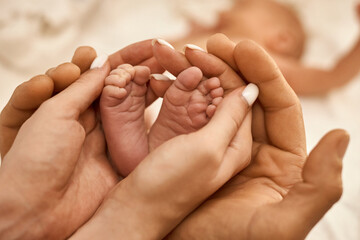 Newborn Baby Feet in Parent's Hands